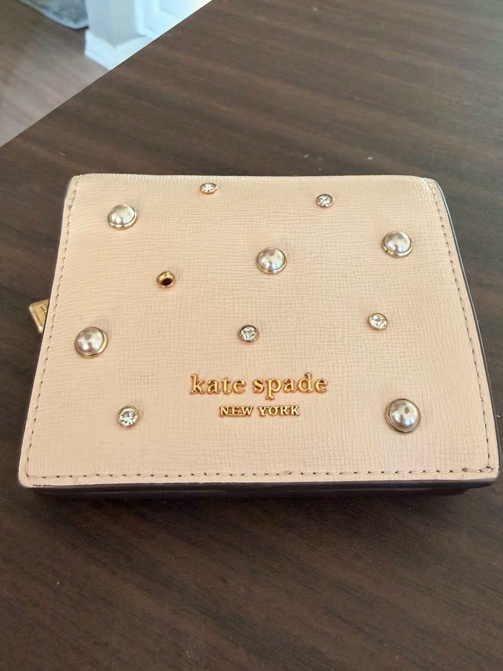 kate spade blush pink pearl & crystal-embellished bifold wallet
